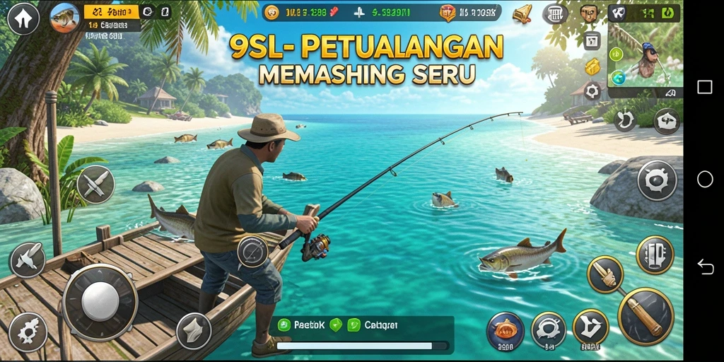 Screenshot gameplay <strong>9SL</strong> menunjukkan seorang pemain menangkap ikan besar di danau indah.