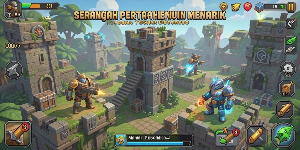 Tangkapan layar dari gameplay seru COO77 dengan menara yang beragam.