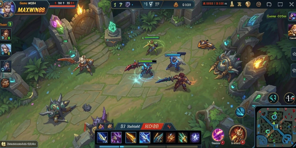 Tampilan gameplay seru dalam pertarungan tim MOBA.