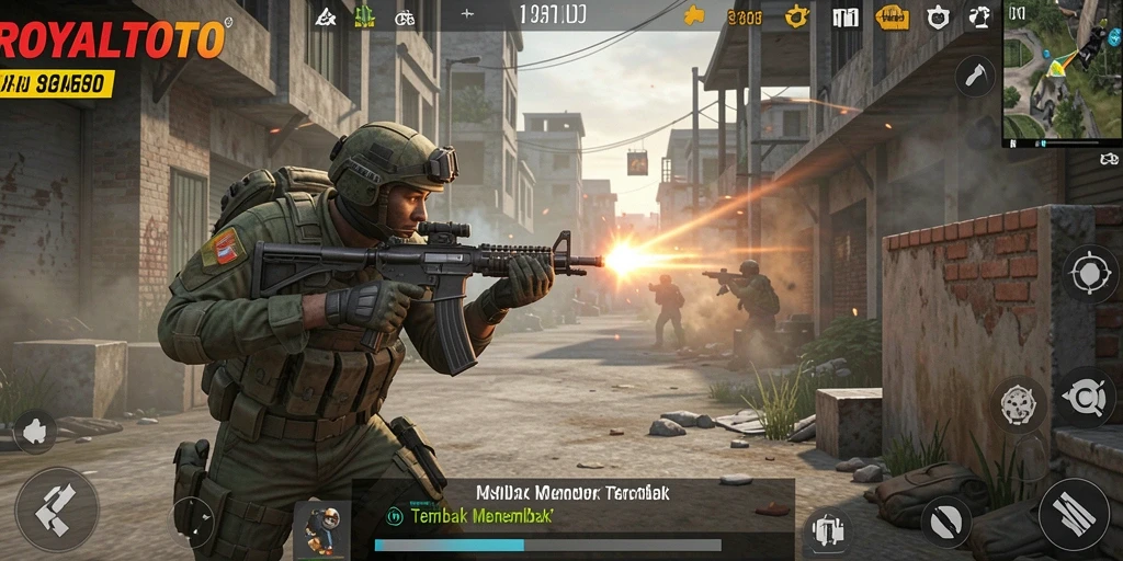 Screenshot gameplay ROYALTOTO menampilkan aksi menembak yang mendebarkan.